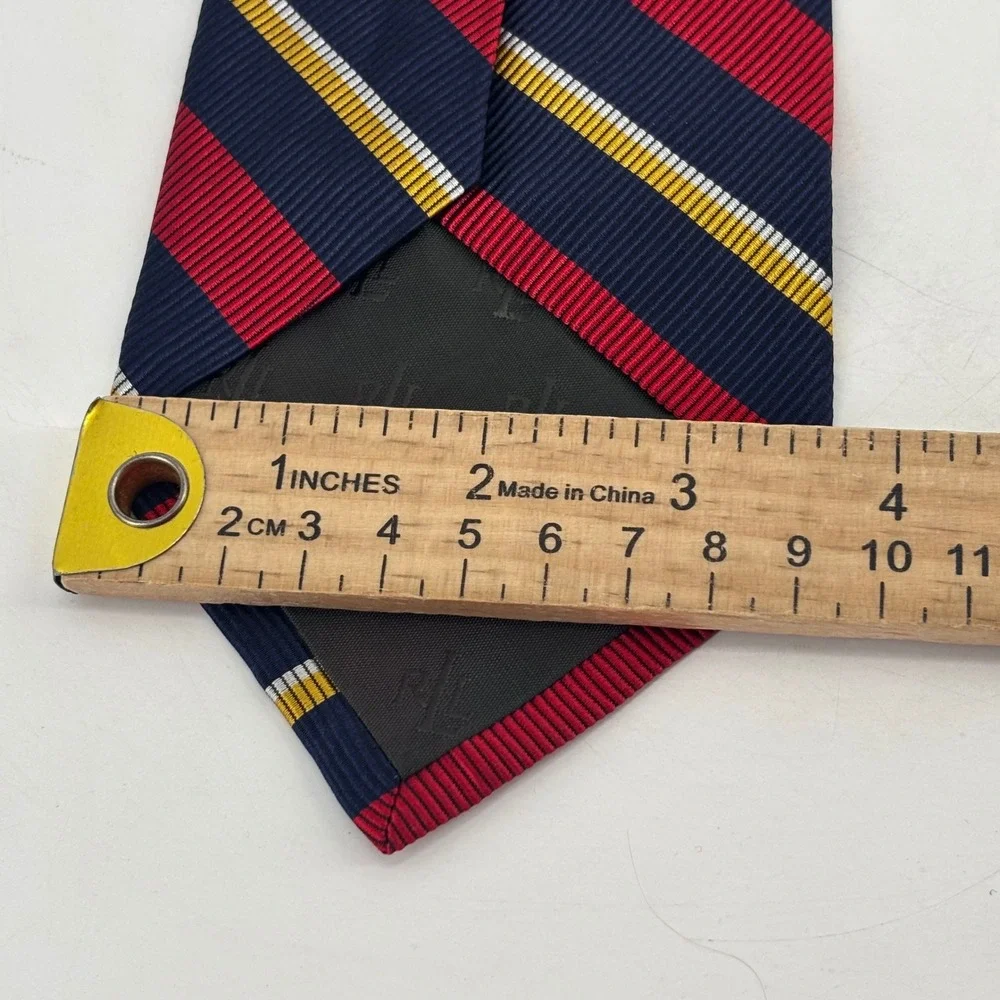 Lauren Ralph Lauren Tie Mens OS Navy Red Gold Silk Cotton Rep Stripe Made in USA